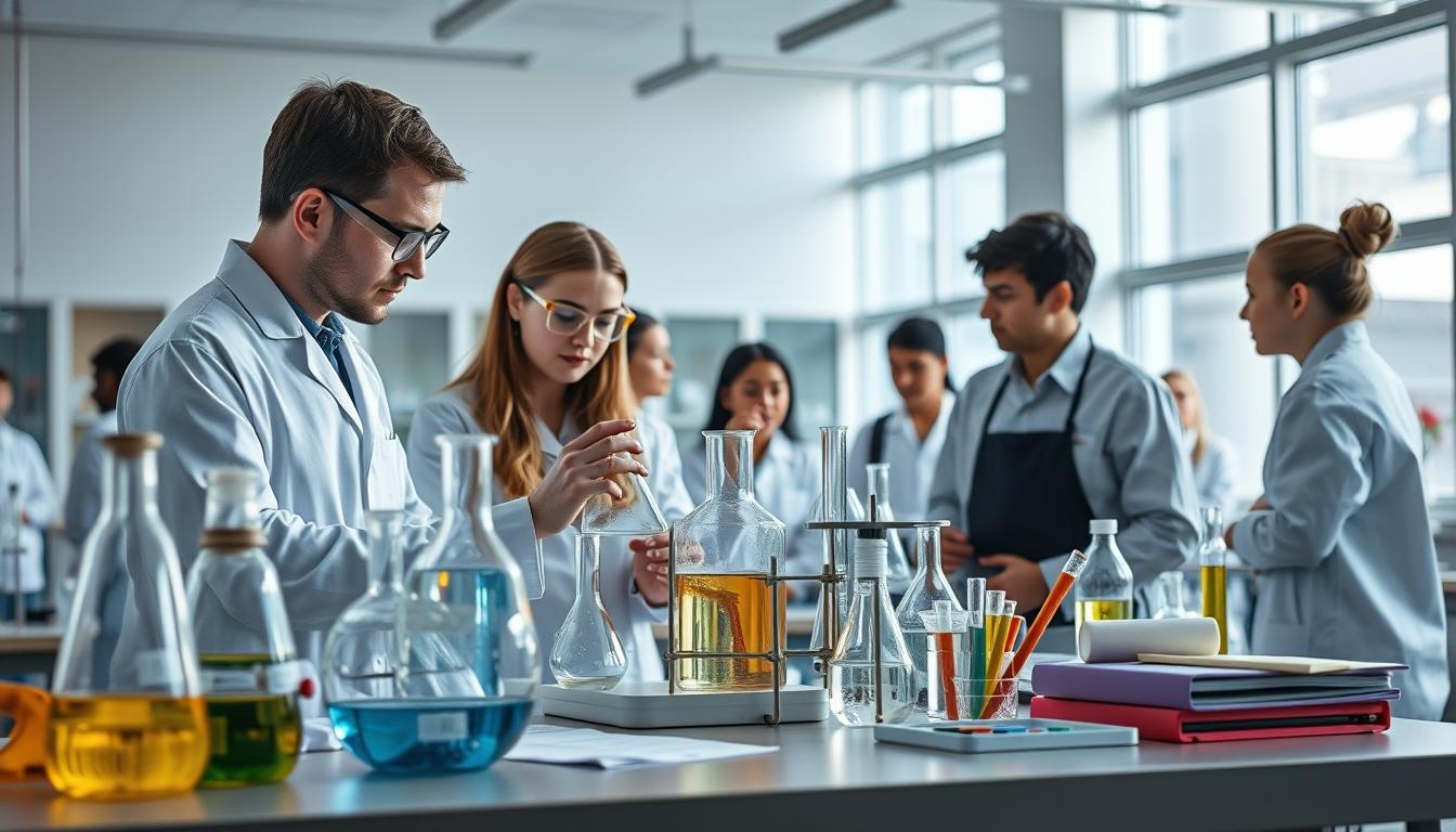 Students studying together in modern classroom